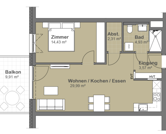 2-Zimmer-Neubauwohnung mit großem Westbalkon